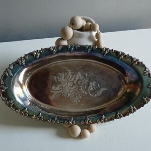 Elegant Silver and Green Oval Serving Platter